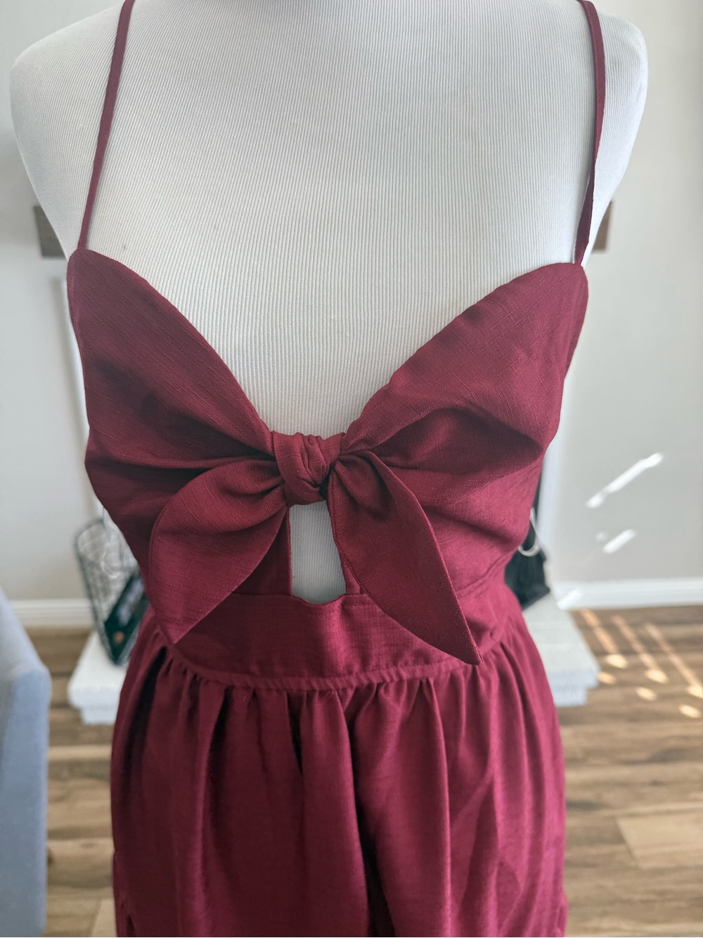 Women's Wine Red Bow-Front Spaghetti Strap Dress